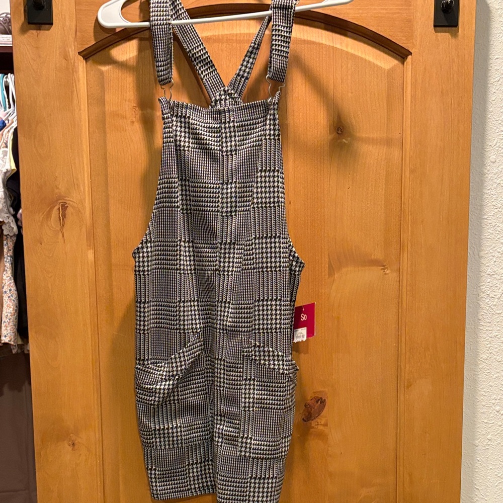 SO Black and White Houndstooth Overall Dress
